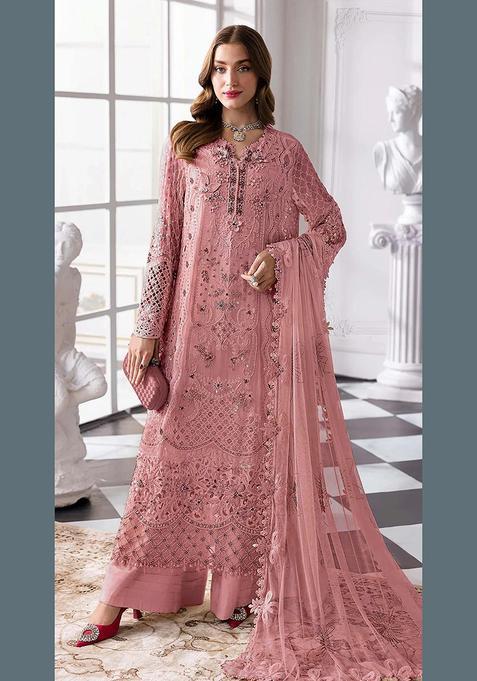 Baby Pink Zari Work Georgette Kurta Set