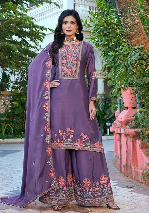 Purple Zari Work Chinon Kurta Set