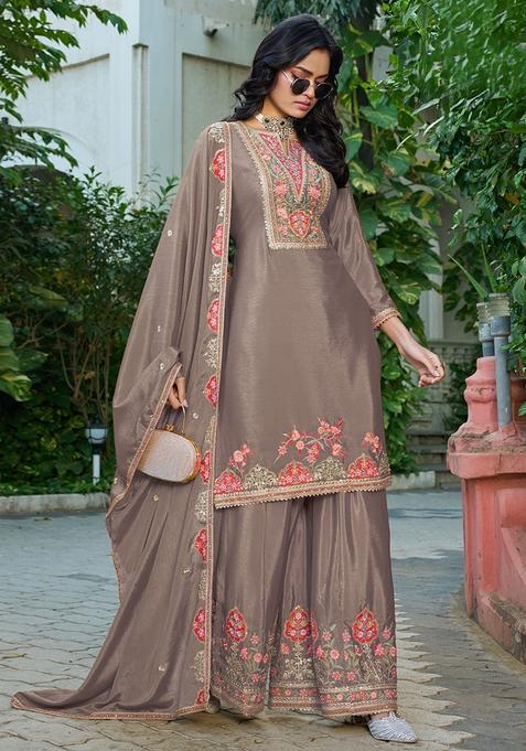 Brown Zari Work Chinon Kurta Set