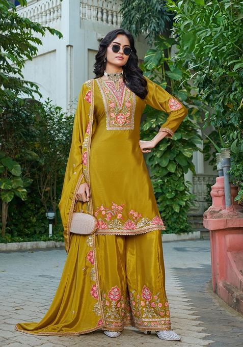 Yellow Zari Work Chinon Kurta Set