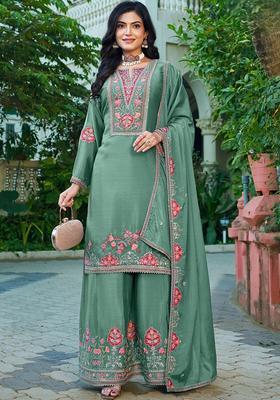 Green Embroidered Chinon Straight Kurta Set