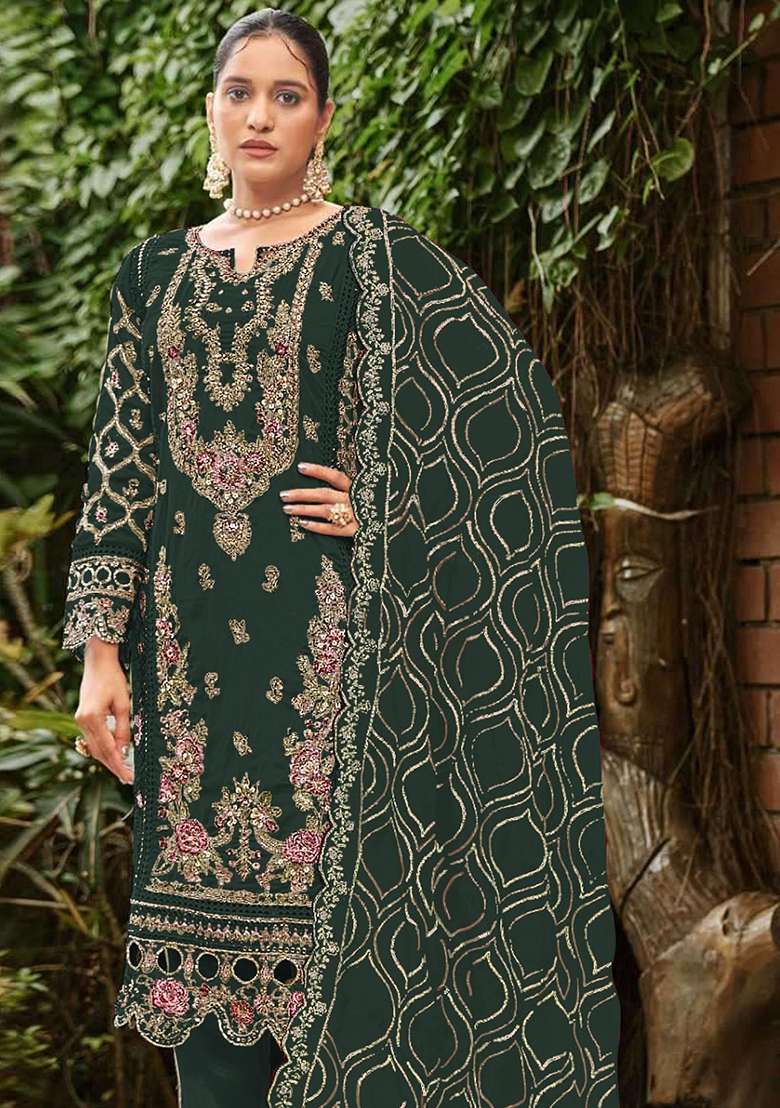 Dark Green Embroidery Georgette Kurta Set - Indya