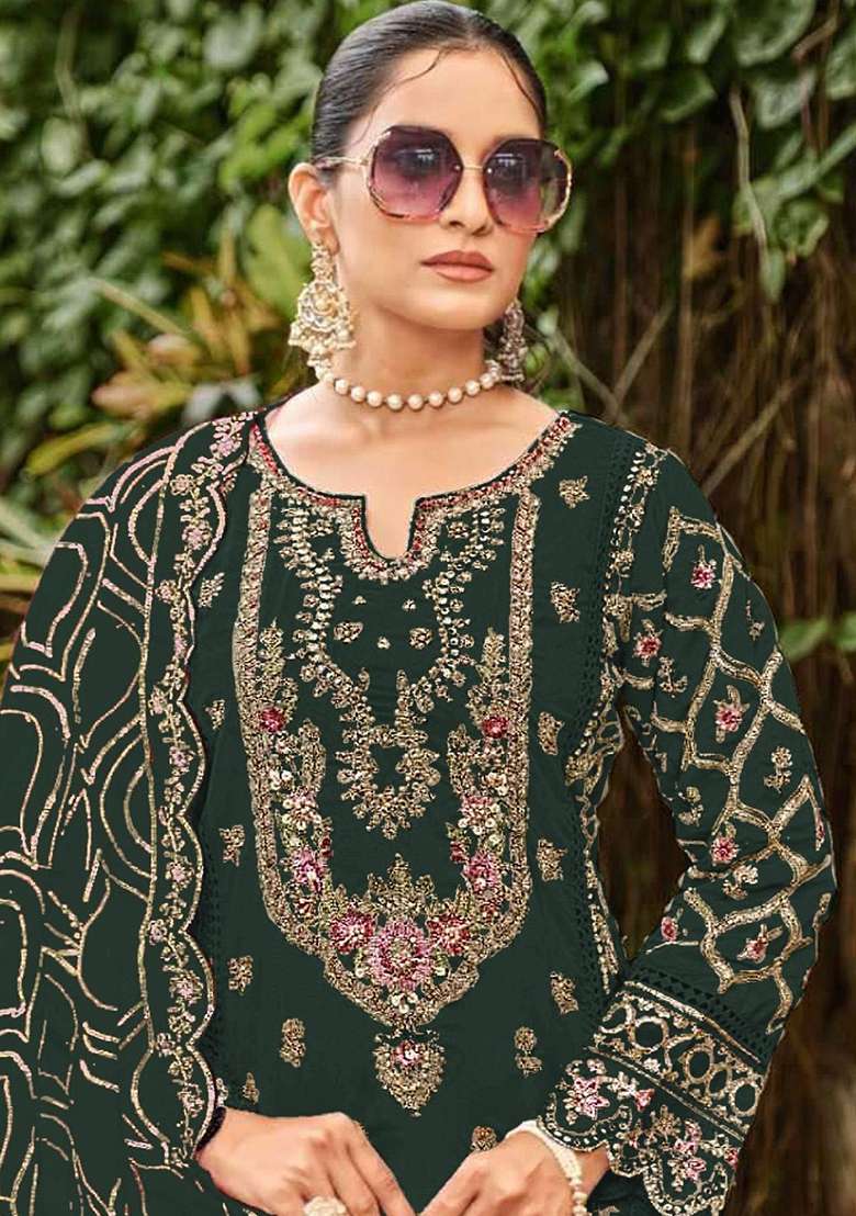 Dark Green Embroidery Georgette Kurta Set - Indya