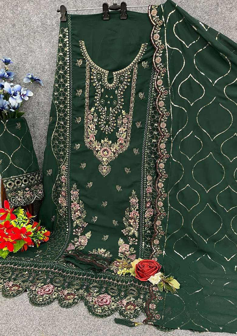 Dark Green Embroidery Georgette Kurta Set - Indya
