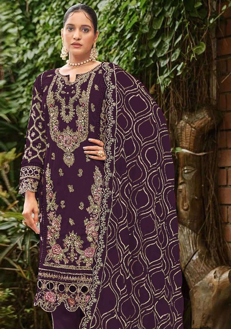 Purple Embroidery Georgette Kurta Set - Indya