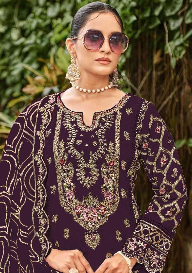 Purple Embroidery Georgette Kurta Set - Indya