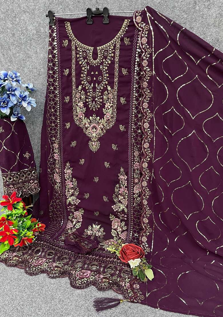 Purple Embroidery Georgette Kurta Set - Indya