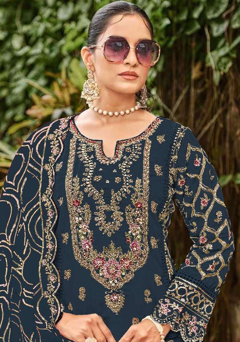 Navy Blue Embroidery Georgette Kurta Set - Indya