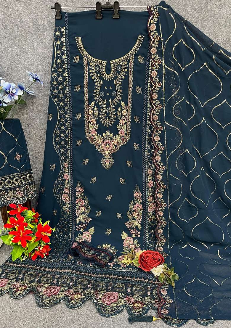 Navy Blue Embroidery Georgette Kurta Set - Indya