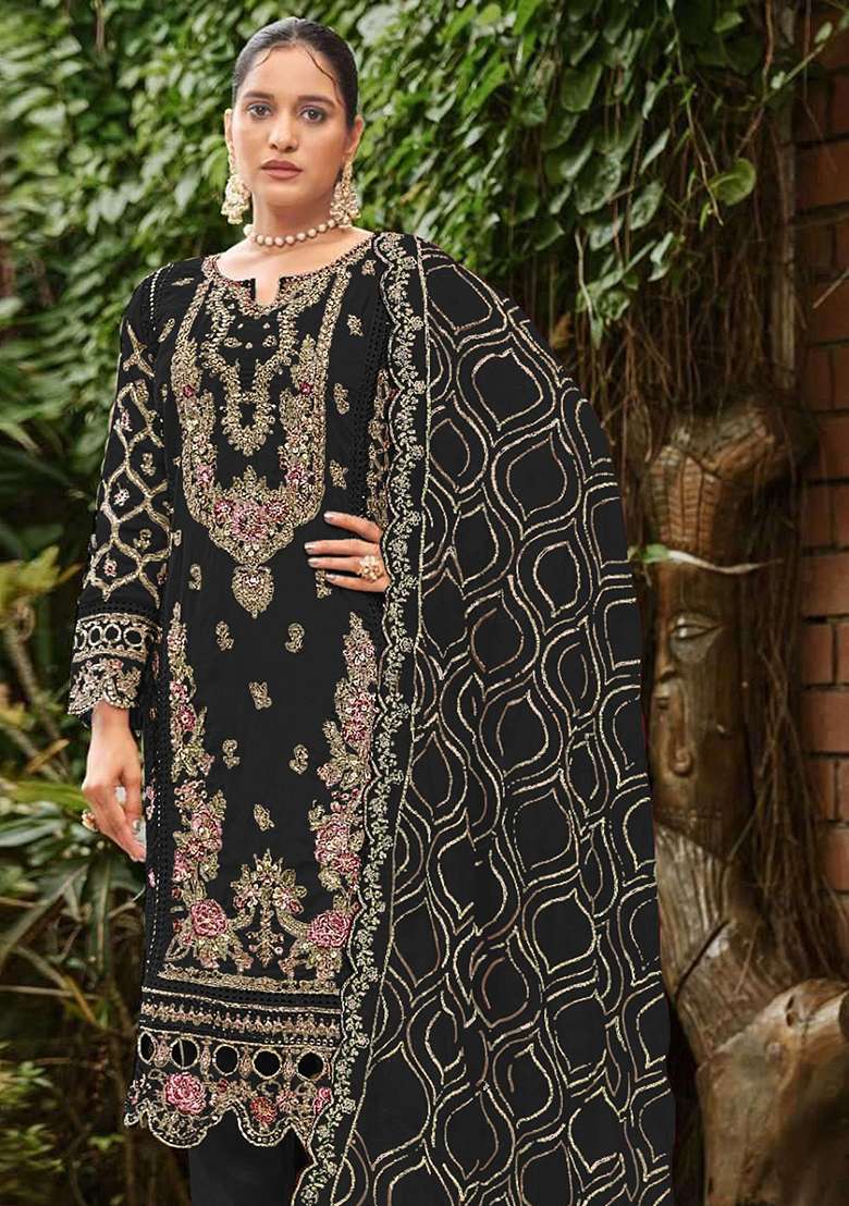 Black Embroidery Georgette Kurta Set - Indya