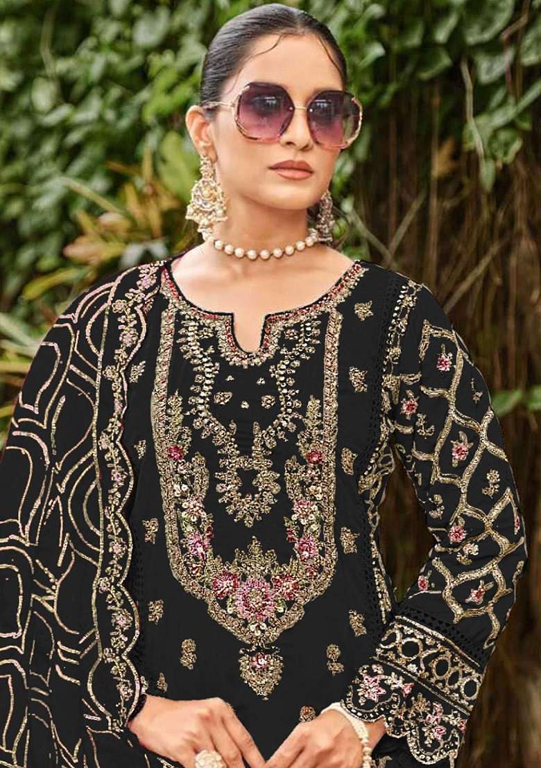 Black Embroidery Georgette Kurta Set - Indya