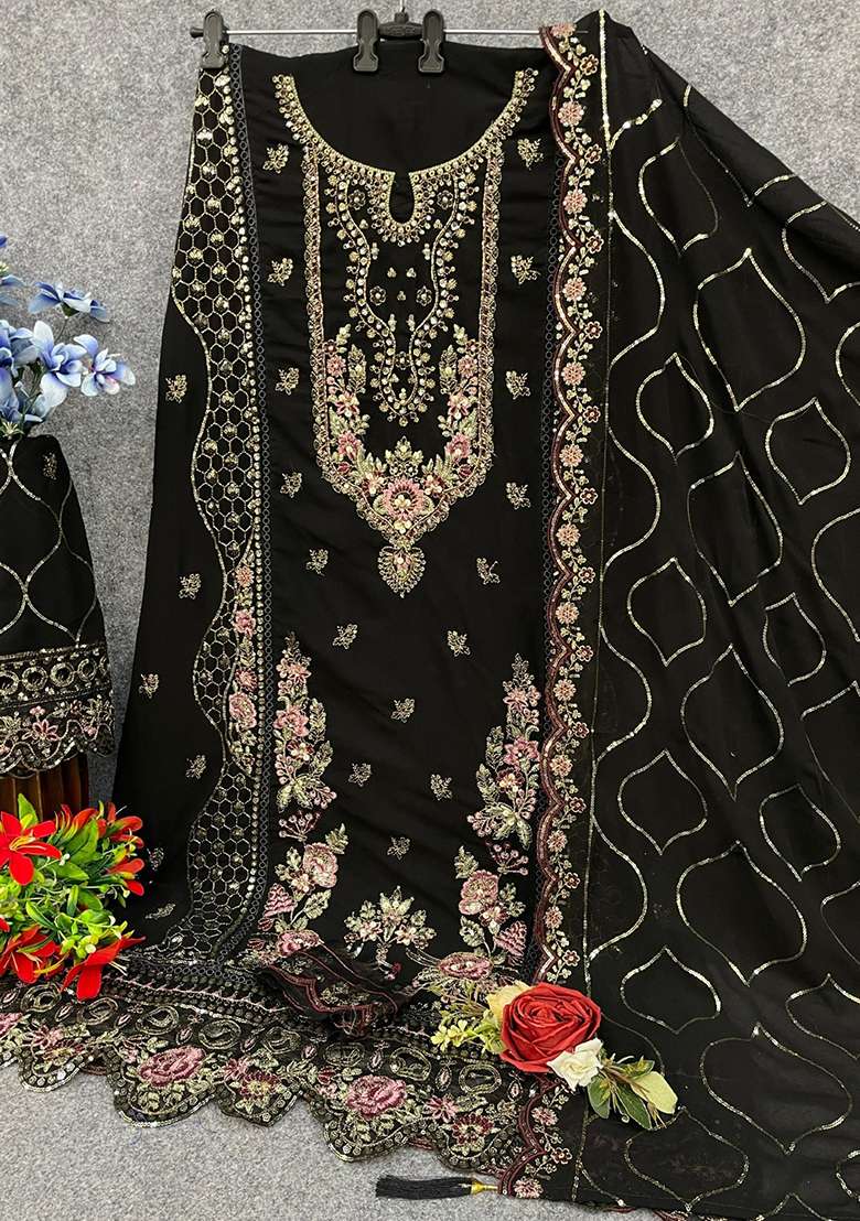 Black Embroidery Georgette Kurta Set - Indya