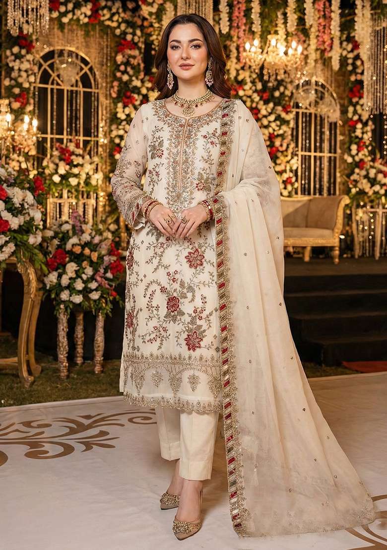 White Embroidery Chiffon Kurta Set - Indya