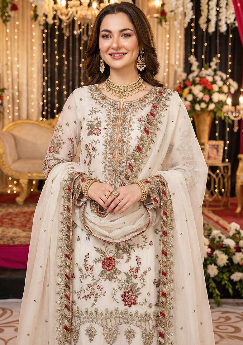 White Embroidery Chiffon Kurta Set - Indya