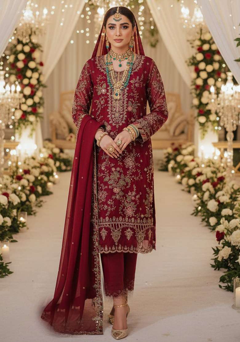 Maroon Embroidery Chiffon Kurta Set - Indya