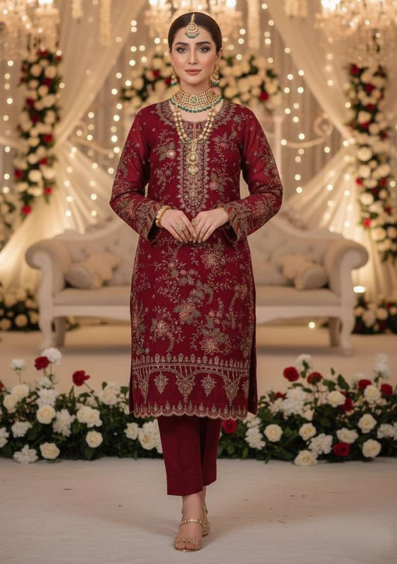 Maroon Embroidery Chiffon Kurta Set - Indya