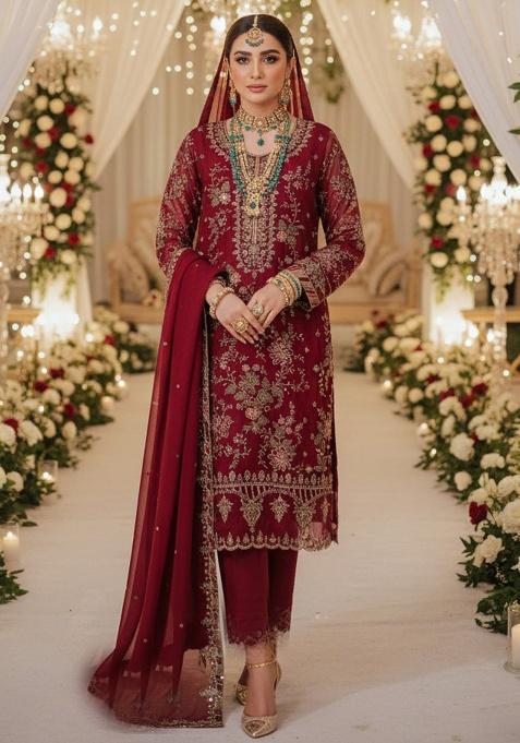 Maroon Embroidery Chiffon Kurta Set