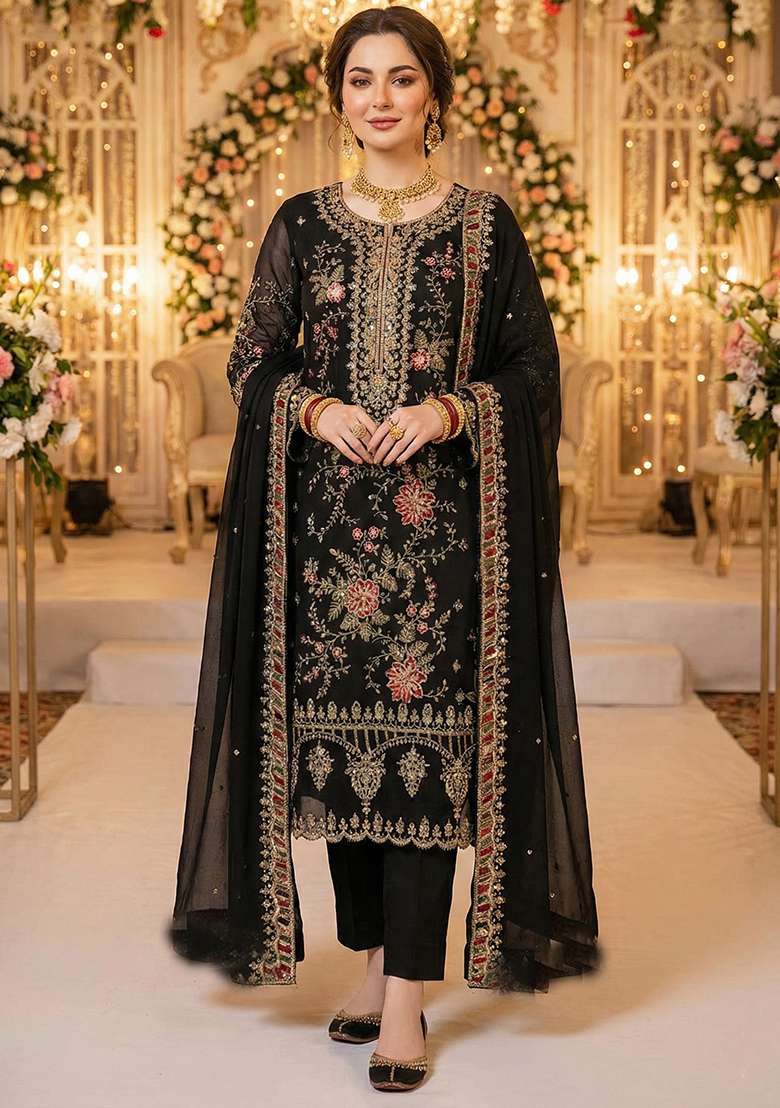 Black Embroidery Chiffon Kurta Set - Indya