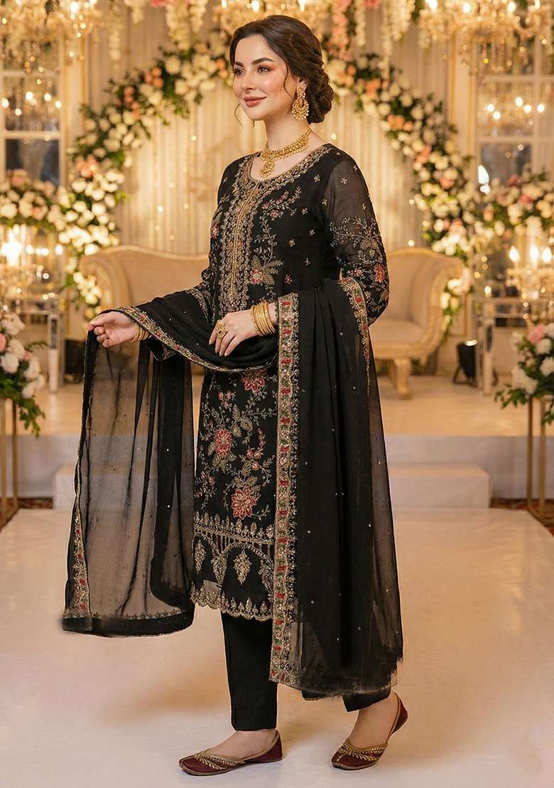 Black Embroidery Chiffon Kurta Set - Indya
