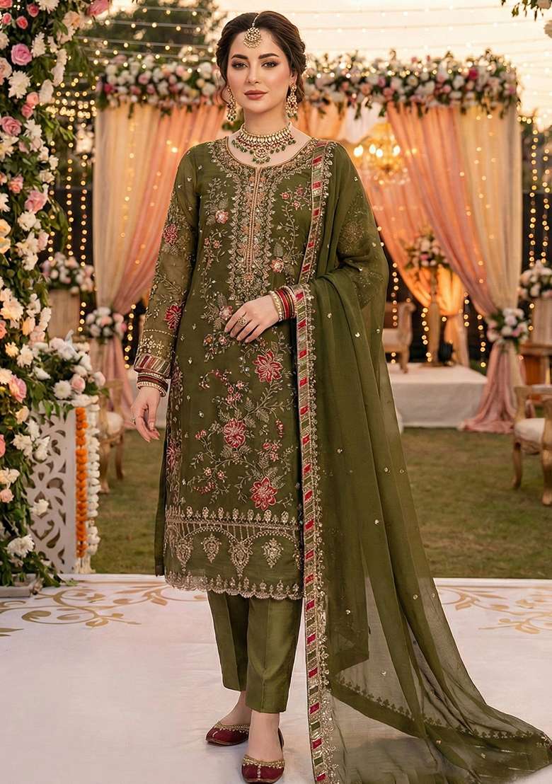 Mehendi Embroidery Chiffon Kurta Set - Indya
