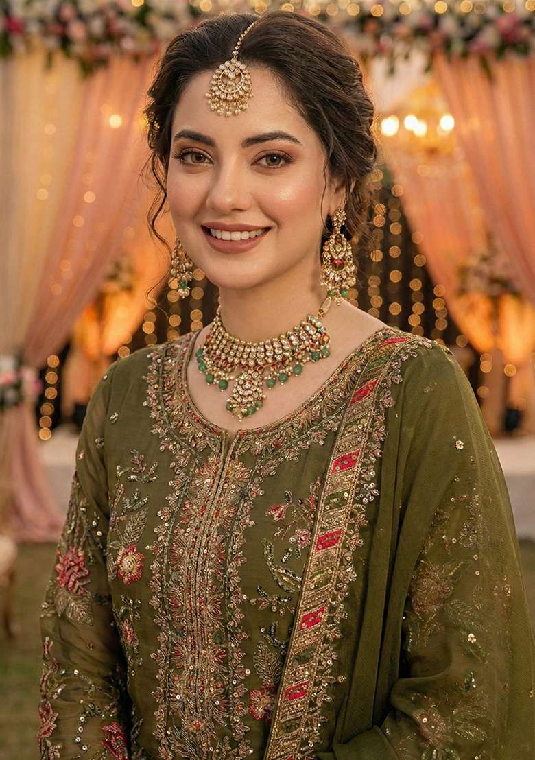 Mehendi Embroidery Chiffon Kurta Set - Indya