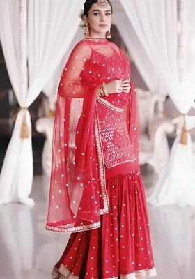 Red Mirror Work Georgette Sharara Set