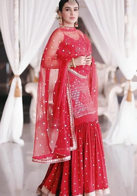 Red Embroidery Georgette Salwar Kameez