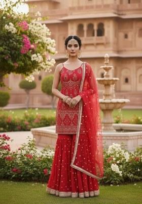 Red Embroidered Georgette Sharara Set