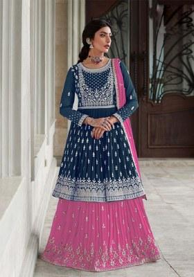Navy Blue Embroidered Georgette Sharara Set