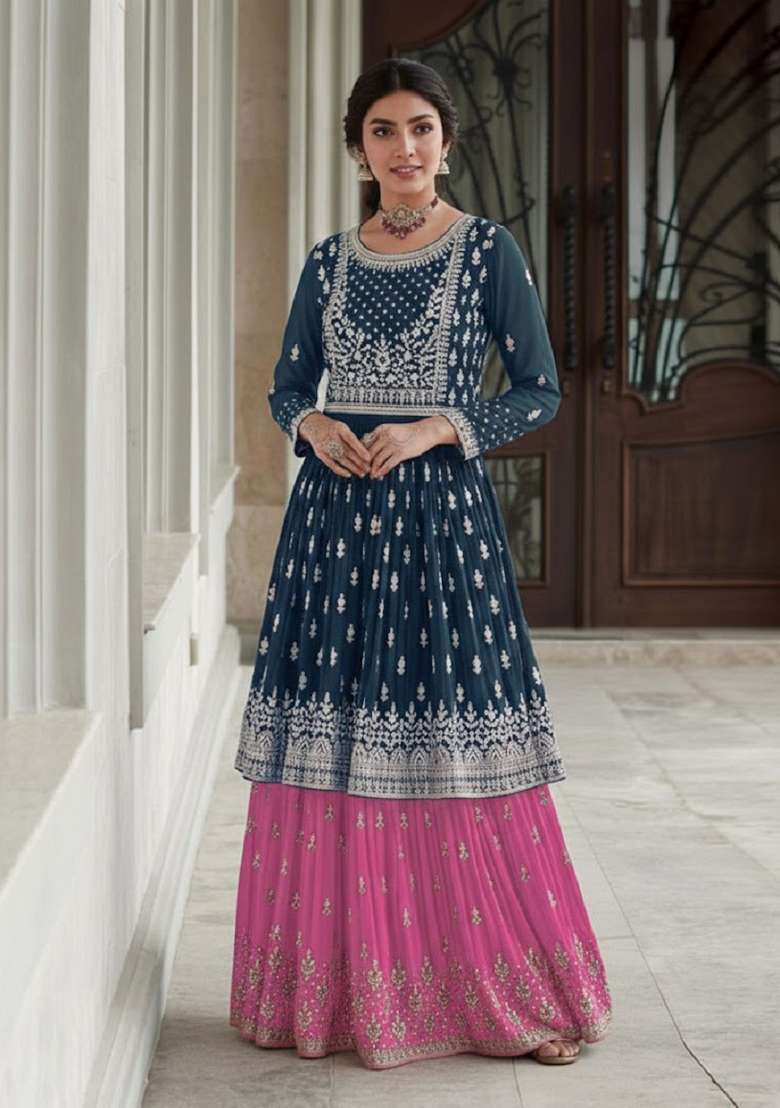 Navy Blue Embroidered Georgette Sharara Set - Indya