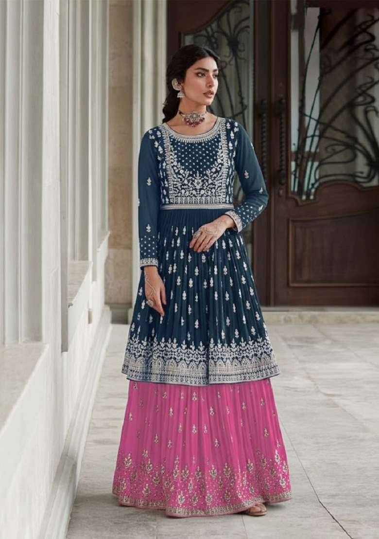 Navy Blue Embroidered Georgette Sharara Set - Indya