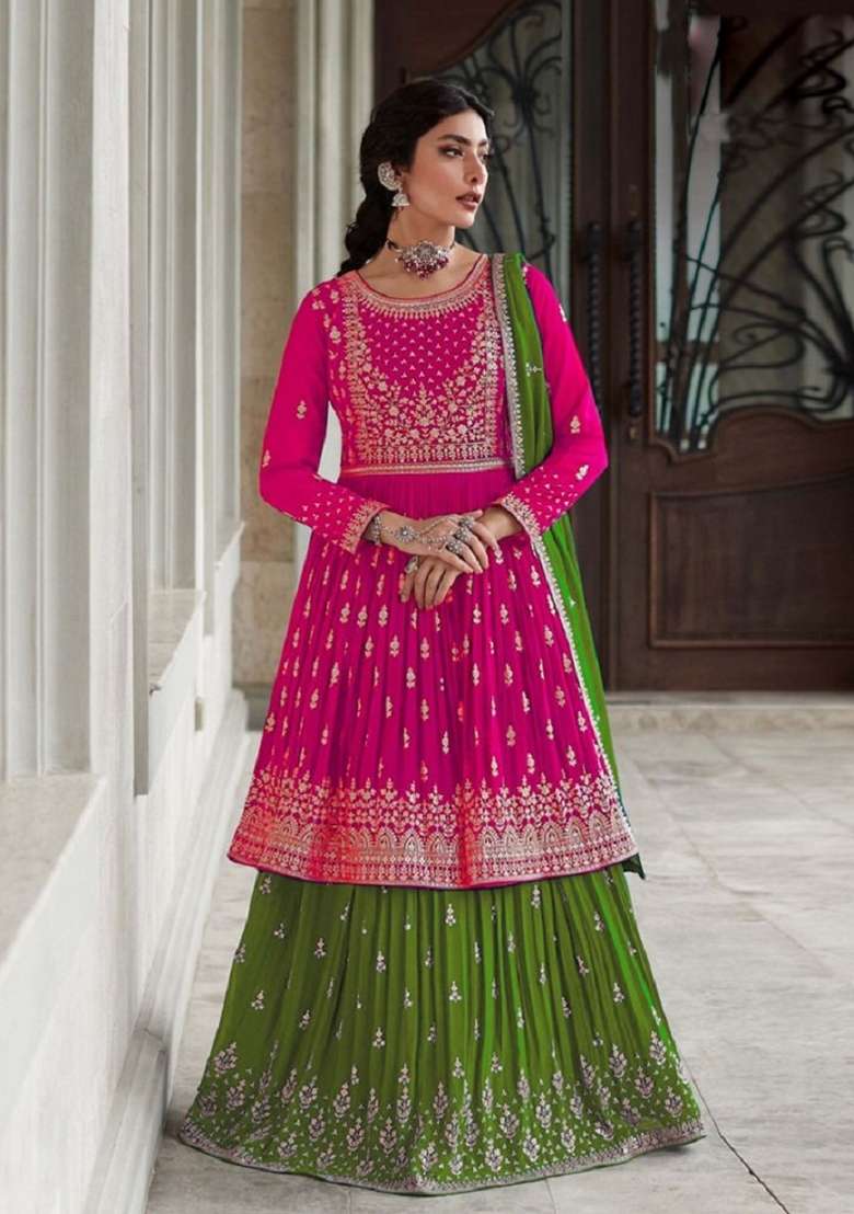 Pink Embroidered Georgette Sharara Set - Indya