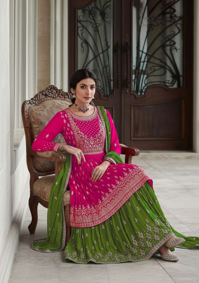 Pink Embroidered Georgette Sharara Set - Indya