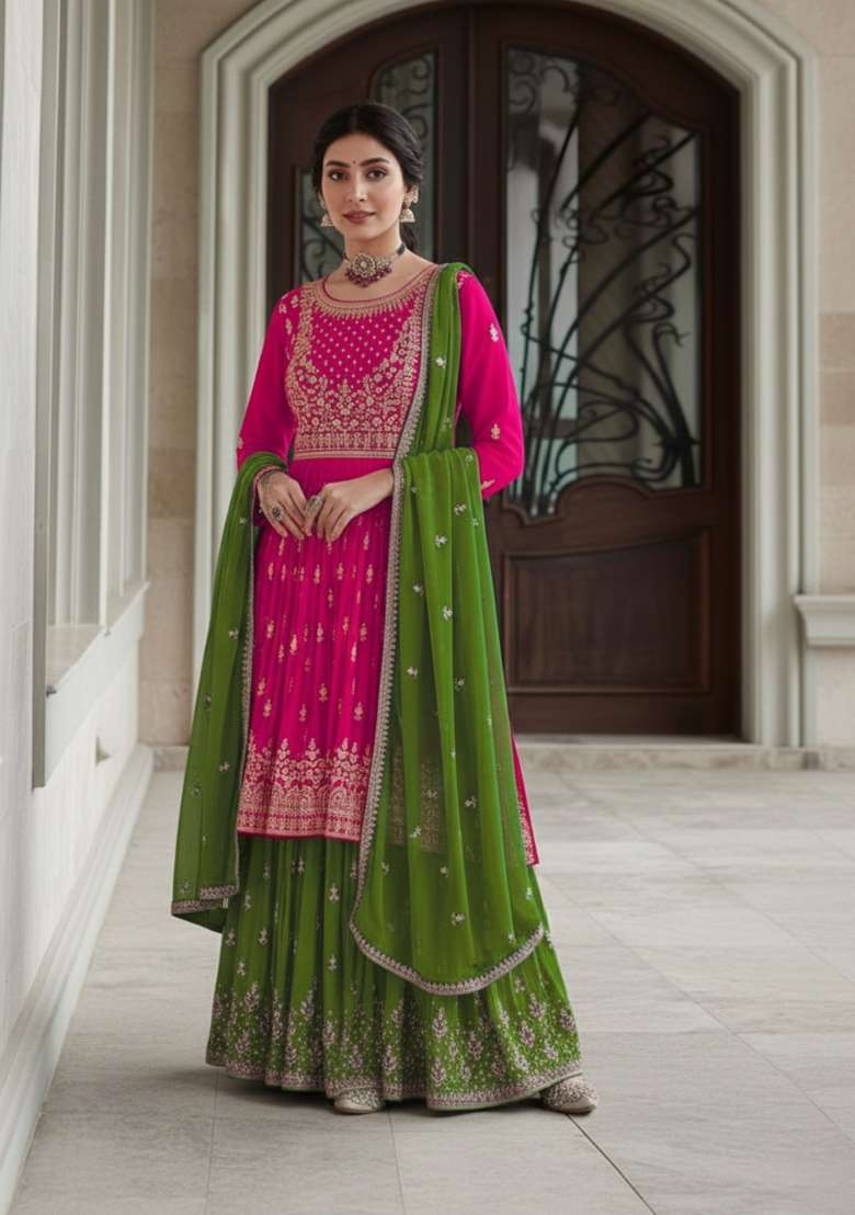 Pink Embroidered Georgette Sharara Set - Indya