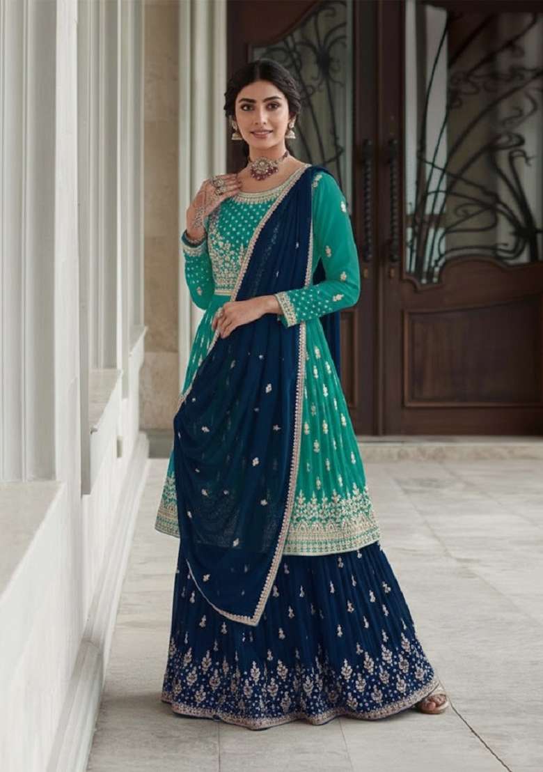 Rama Green Embroidered Georgette Sharara Set - Indya