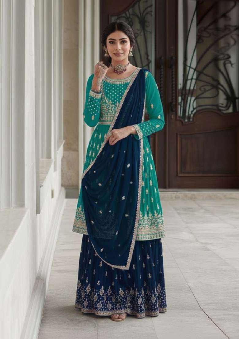 Rama Green Embroidered Georgette Sharara Set - Indya
