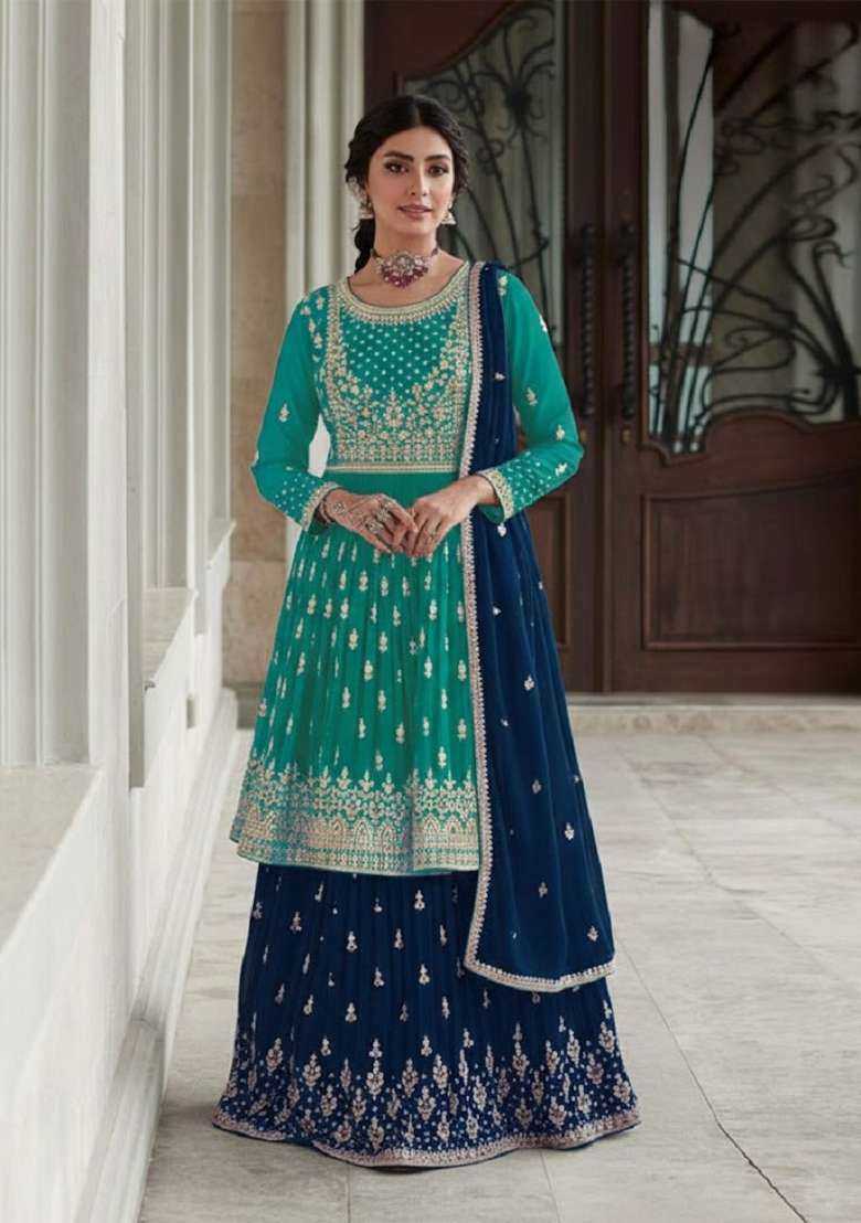 Rama Green Embroidered Georgette Sharara Set - Indya