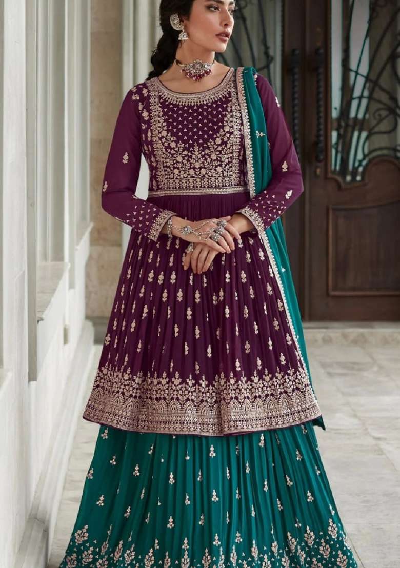 Wine Embroidered Georgette Sharara Set - Indya