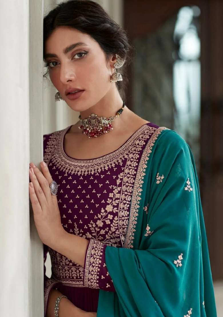 Wine Embroidered Georgette Sharara Set - Indya
