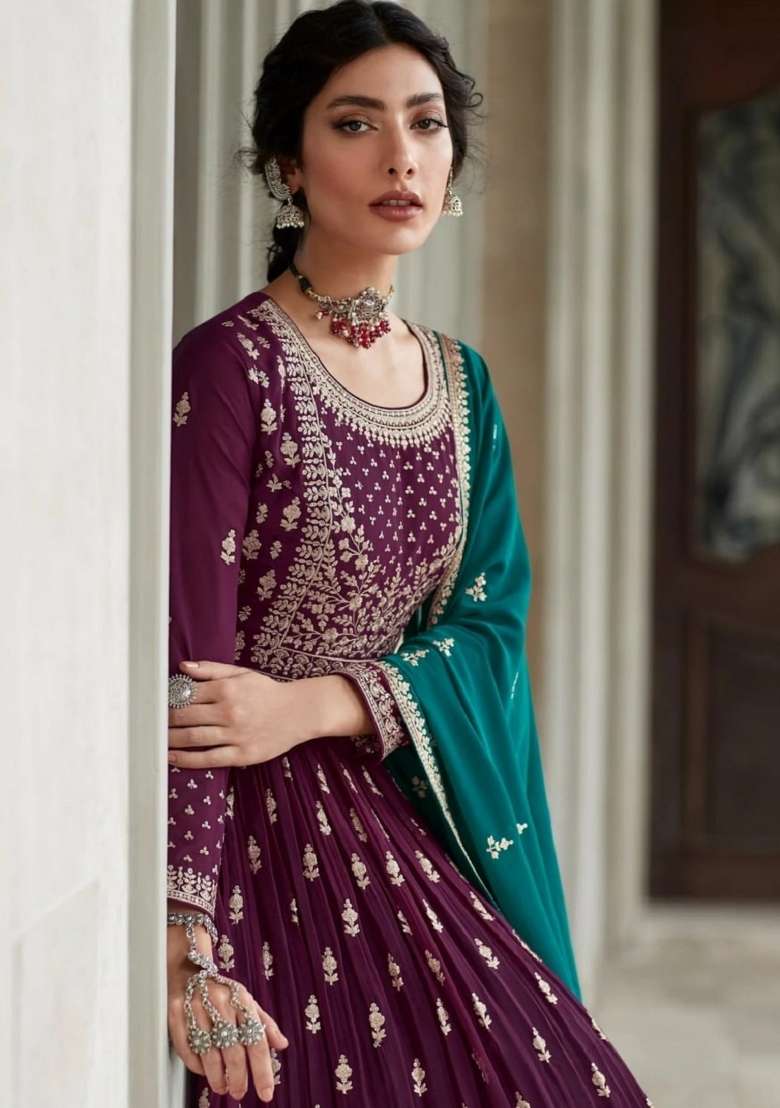 Wine Embroidered Georgette Sharara Set - Indya
