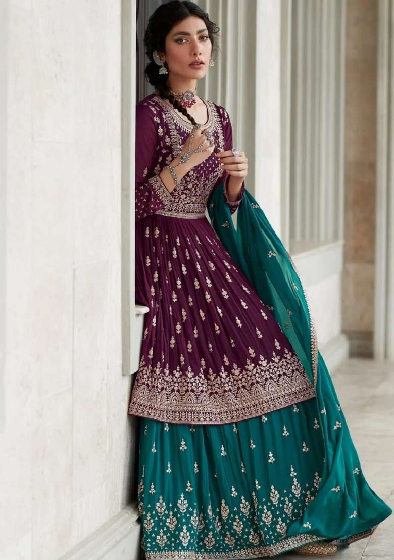 Wine Embroidered Georgette Sharara Set - Indya