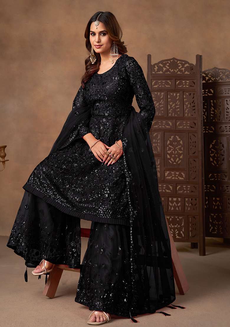 Black Embroidery Net Salwar Kameez - Indya