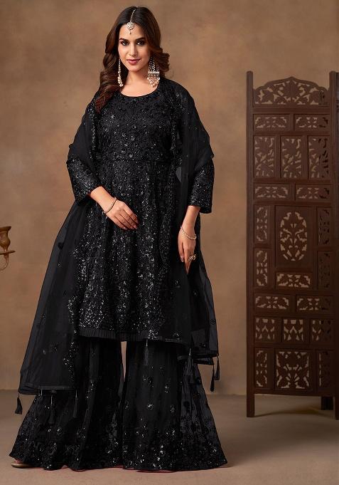 Black Embroidery Net Salwar Kameez — view on Indya