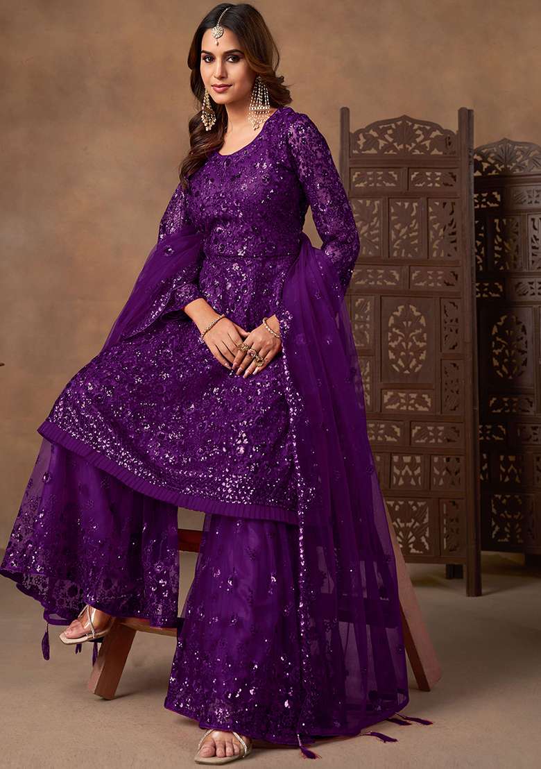 Purple Embroidery Net Salwar Kameez - Indya