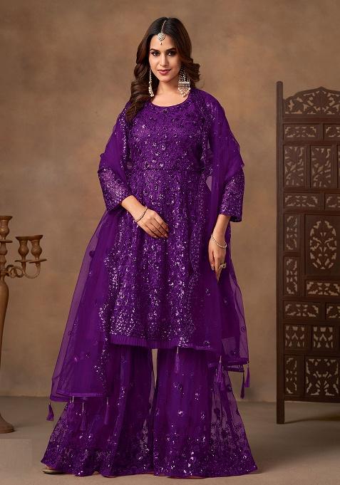 Purple Embroidery Net Salwar Kameez — view on Indya