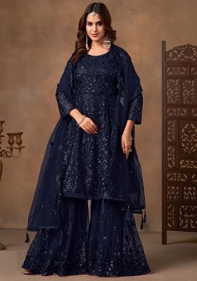 Navy Blue Embroidery Net Salwar Kameez