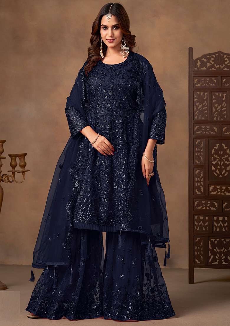 Navy Blue Embroidery Net Salwar Kameez - Indya