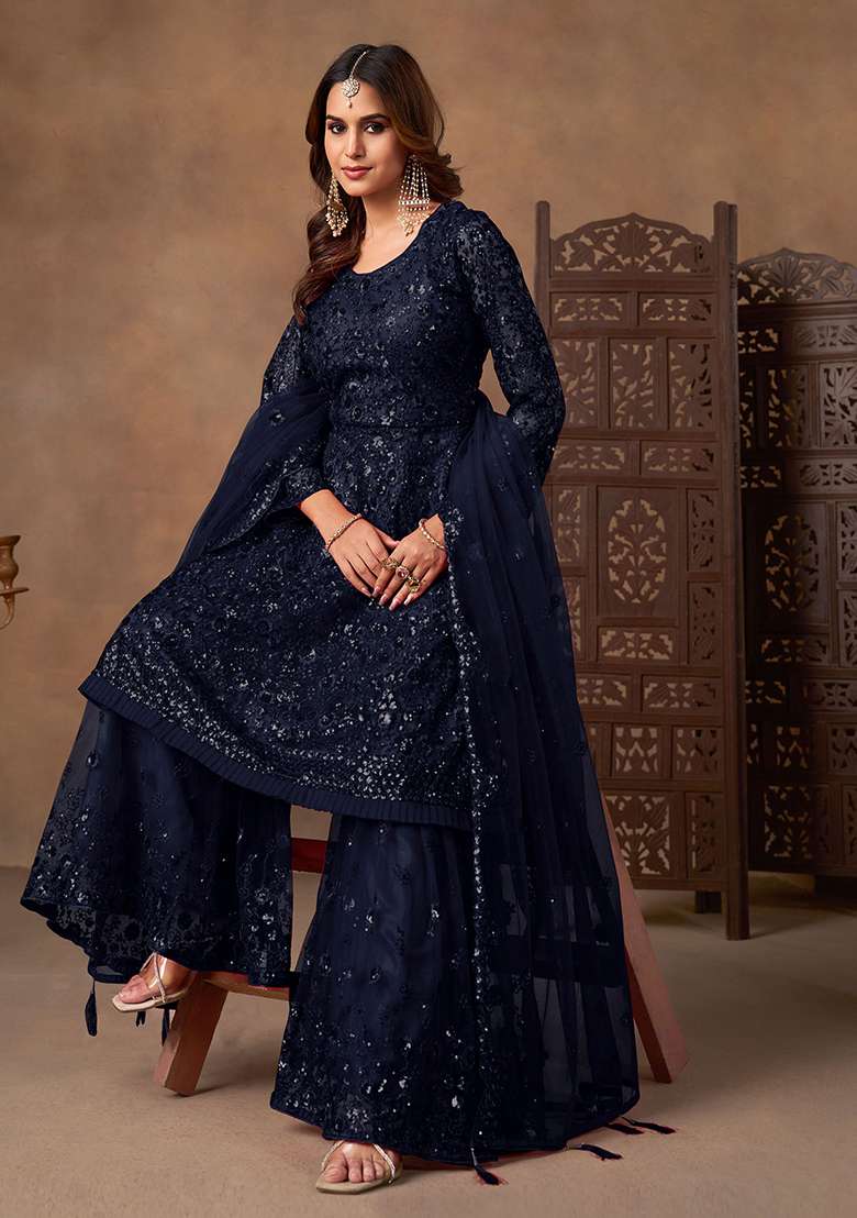Navy Blue Embroidery Net Salwar Kameez - Indya