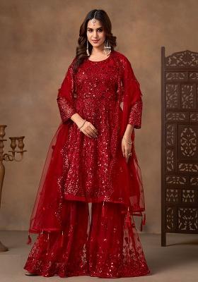 Red Embroidery Net Salwar Kameez