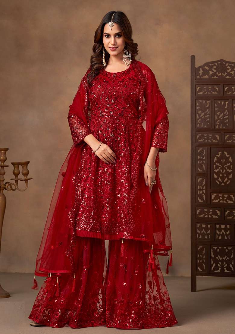 Red Embroidery Net Salwar Kameez - Indya